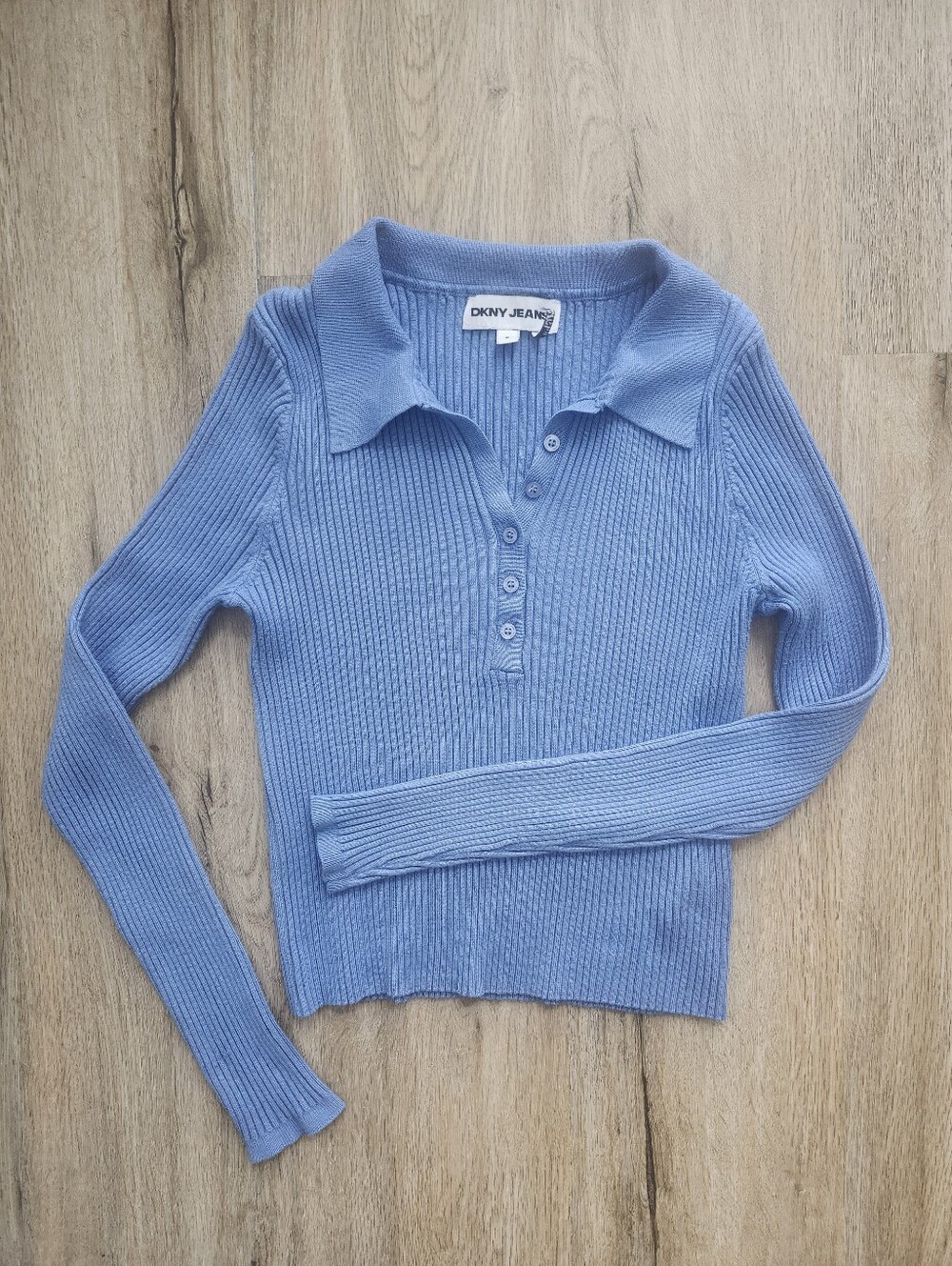 DKNY Jeans Ribbed Long-Sleeve Blue Top